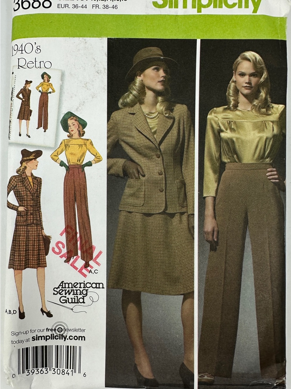 Simplicity 1940's Retro 3688 Pattern Woman's Suit Sizes 10-18 Uncut